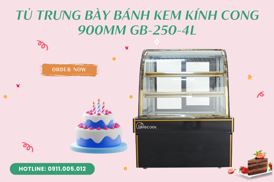 Tủ trưng bày bánh kem kính cong 900mm GB-250-4L