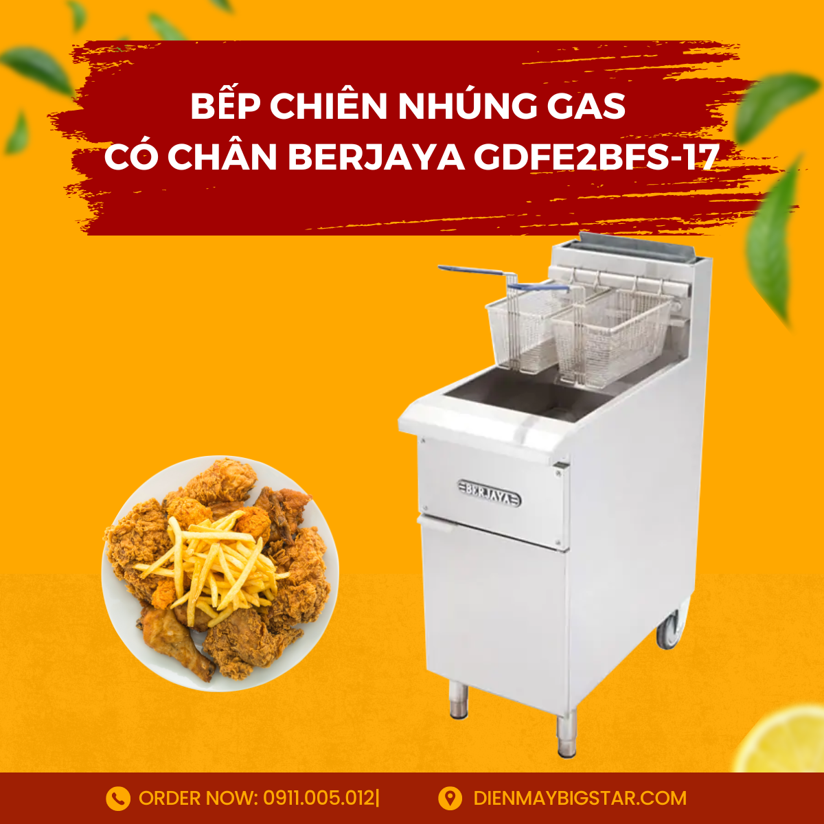 Bếp chiên nhúng gas có chân Berjaya GDFE2BFS-17