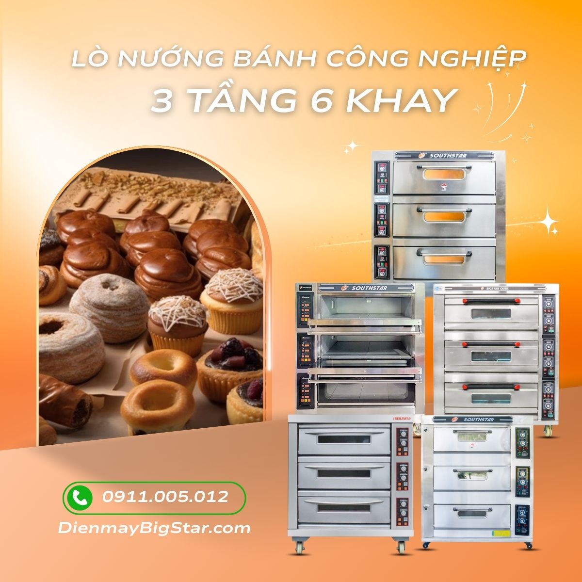 Lò nướng bánh công nghiệp 3 tầng 6 khay